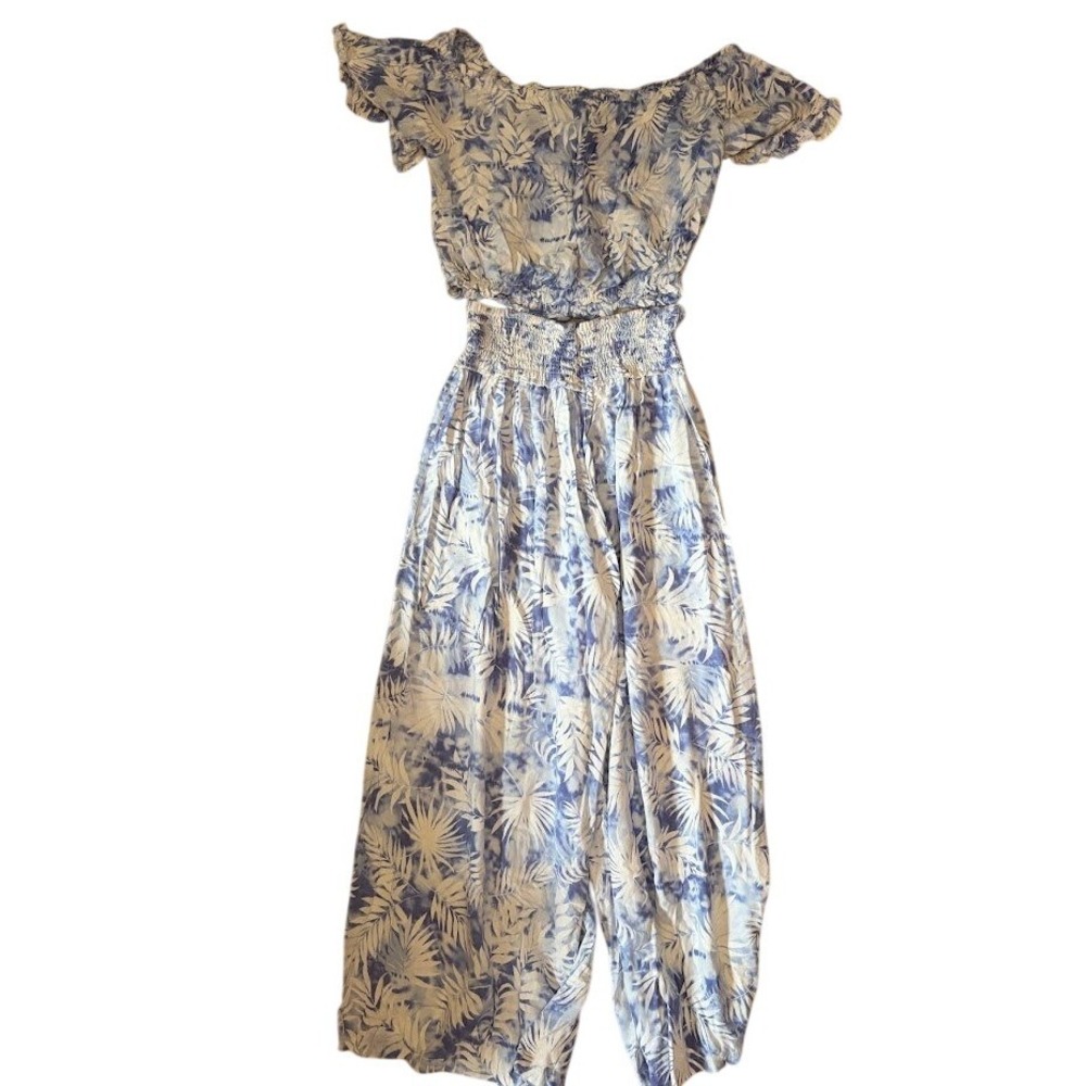 Ocean Drive 2 Piece Set Womens Large Blue White Palm Print Crop Top WidePant